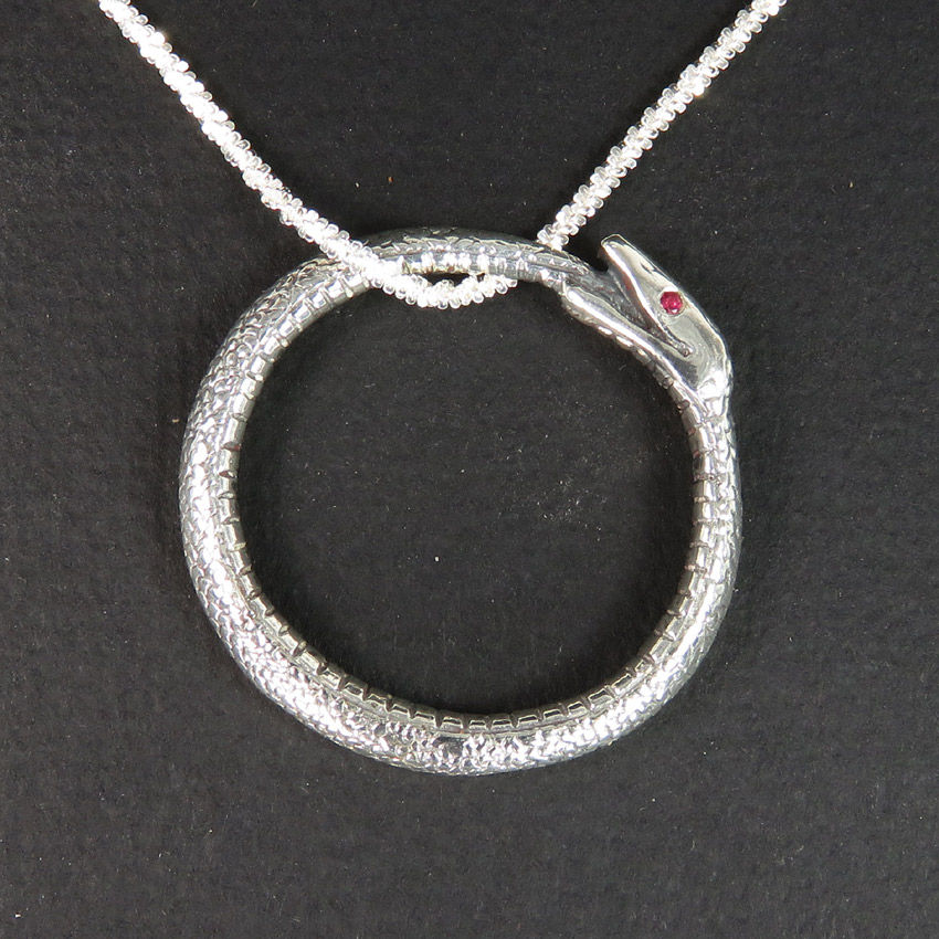 Thumbnail: Ouroboros Snake Pendant - Silver Serpent with Ruby Eyes