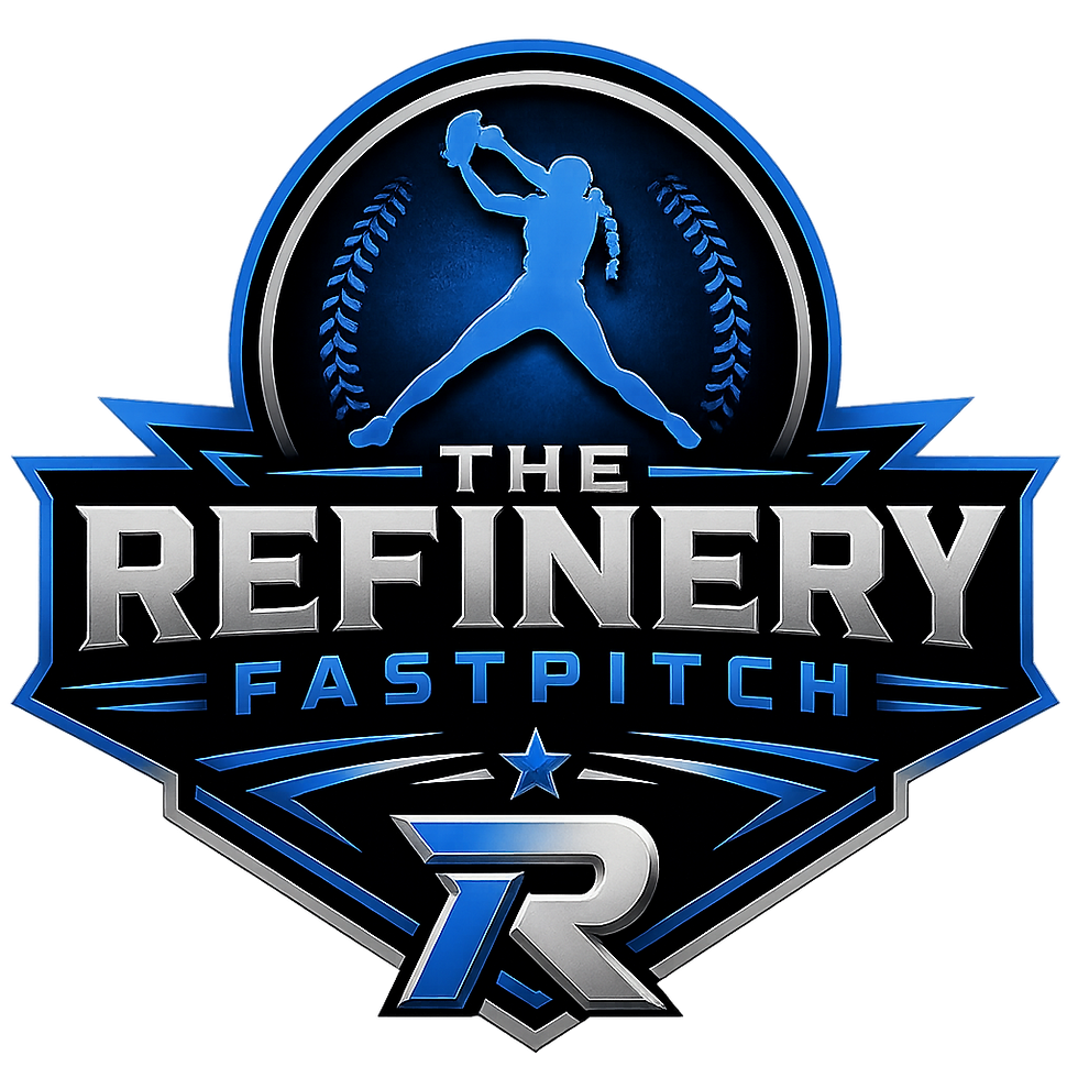 Blue-and-silver baseball logo with pitcher silhouette and laurel-like bats, reading The Refinery Fastpitch above a large R.