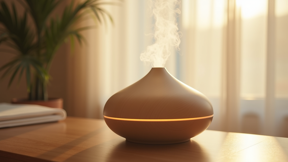 Close-up view of a diffuser releasing aromatic mist in a softly lit room