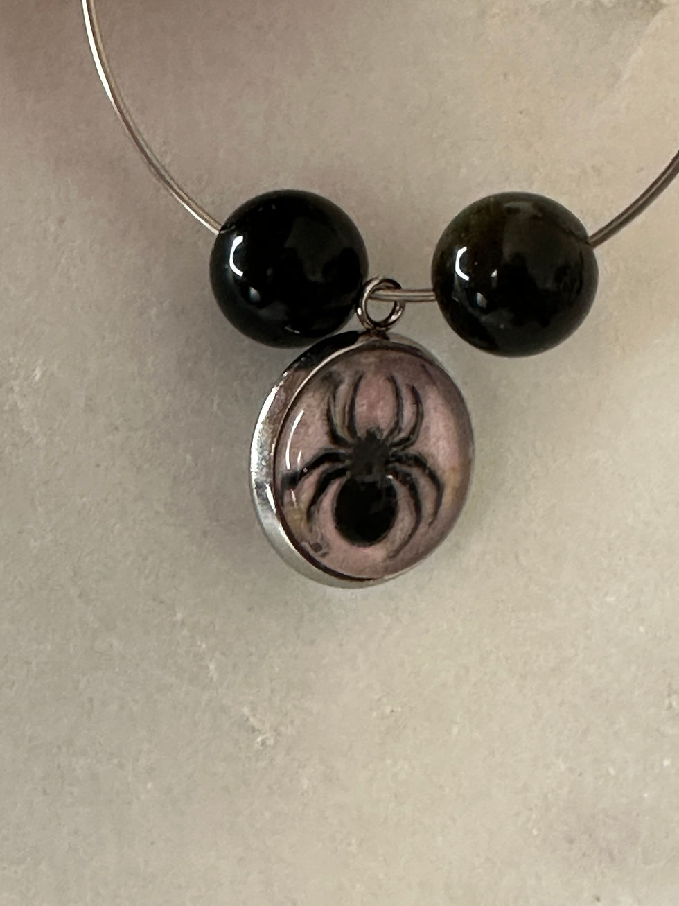 Miniature : Boucles d"oreilles créoles araignée noire onyx et marbre rose