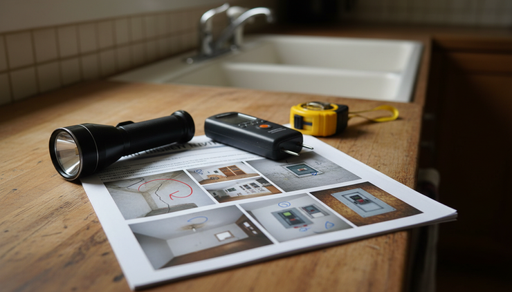 Eye-level view of a home inspection report beside a flashlight and measuring tape