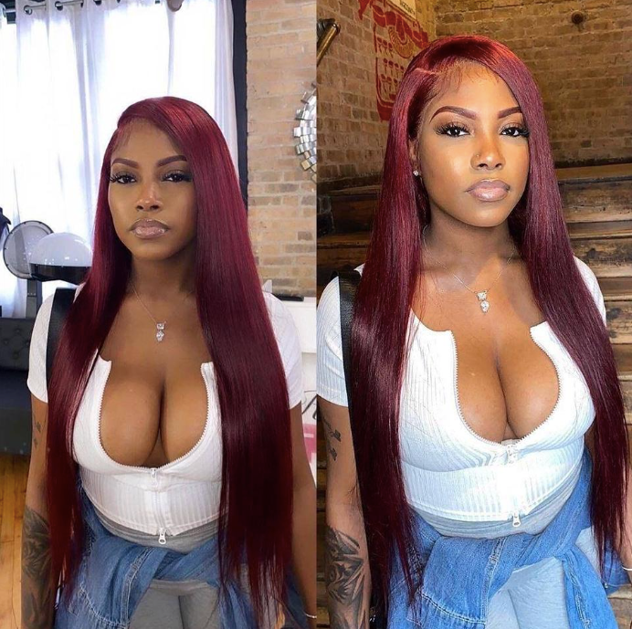 縮圖：Burgundy Bone Straight Lace Frontal Wig