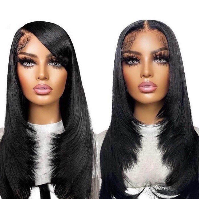 Miniatura: Layered Cut Natural Black Straight Lace Frontal Wig