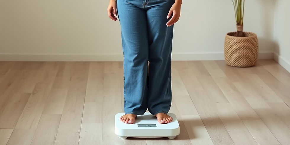 curvy woman standing on scale weighing herself in light neutral room.jpg