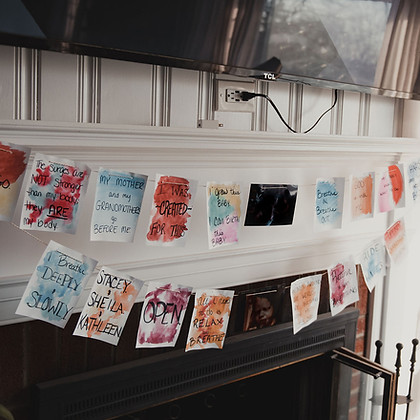Birth Affirmations hangning on mantle