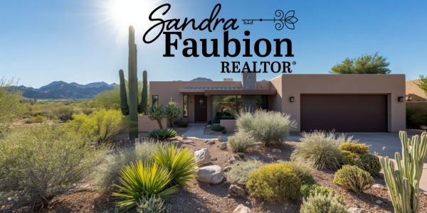Modern house in a desert landscape, cacti in foreground, mountains in background. Sun shines brightly. Text: Sandra Faubion Realtor.