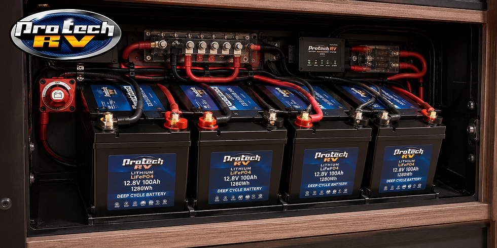 Protech RV battery bank with four 12.8V 100Ah LiFePO4 deep cycle batteries, wiring and switch in a wood cabinet.