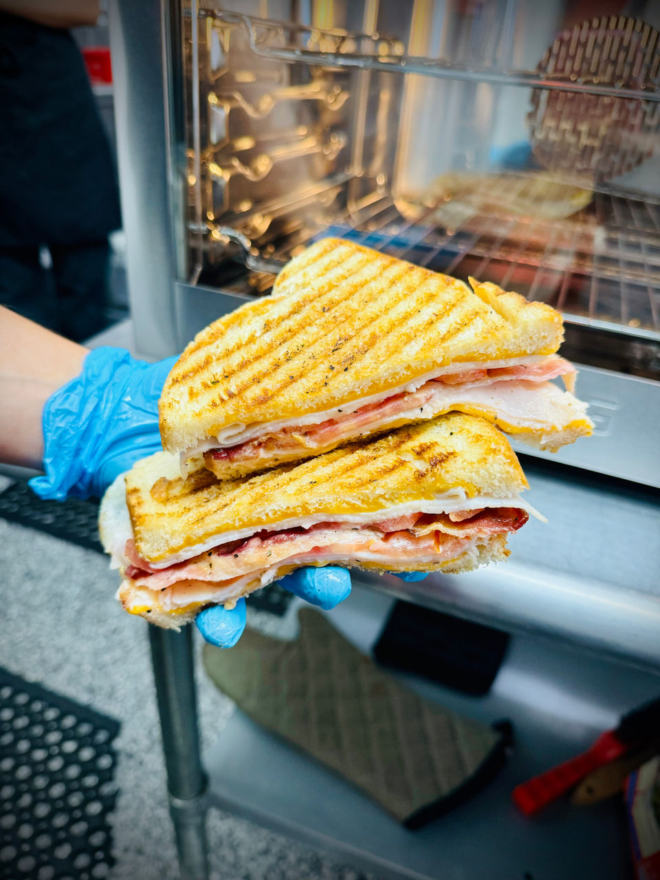 Hands in blue gloves holding grilled panini