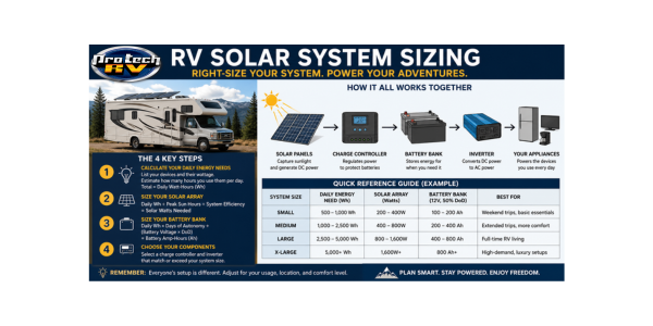 Infographic titled “RV Solar System Sizing” featuring the Protech RV logo, a motorhome with rooftop solar panels, and a visual guide explaining how RV solar systems work. Includes solar panels, charge controller, battery bank, inverter, and appliance diagrams, plus a reference chart showing recommended solar and battery sizes for small to extra-large RV setups.
