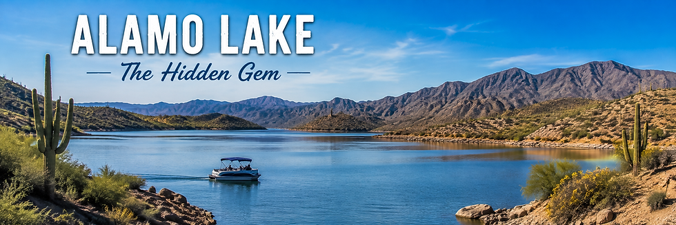 Alamo Lake, The Hidden Gem, with a boat on calm blue water, desert hills and cacti under a clear sky.