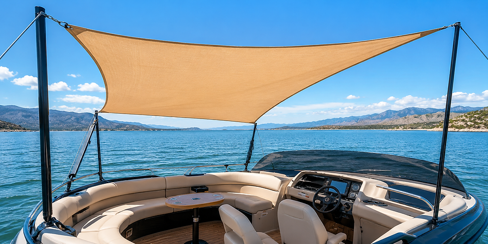 Luxury boat cockpit with tan sunshade on calm blue lake, white seats and helm, mountains in the background under a clear sky.