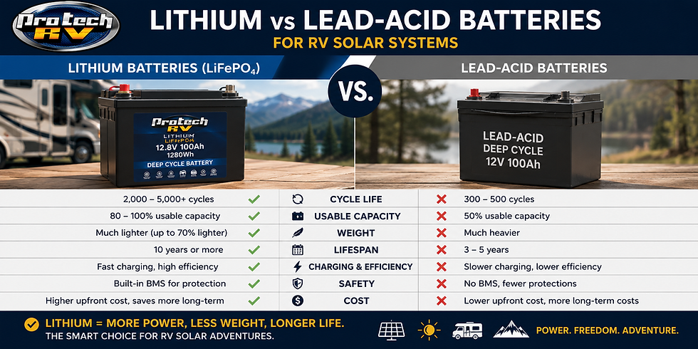 Infographic comparing lithium vs lead-acid RV solar batteries, with two black batteries and specs like cycle life, capacity, weight.