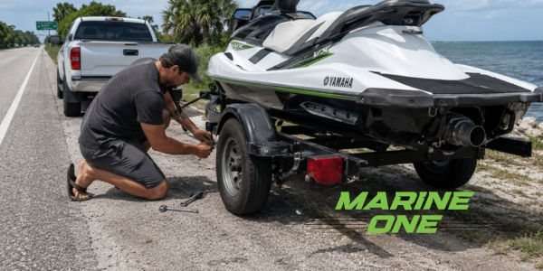 Man working on his jet ski trailer on the side of the road