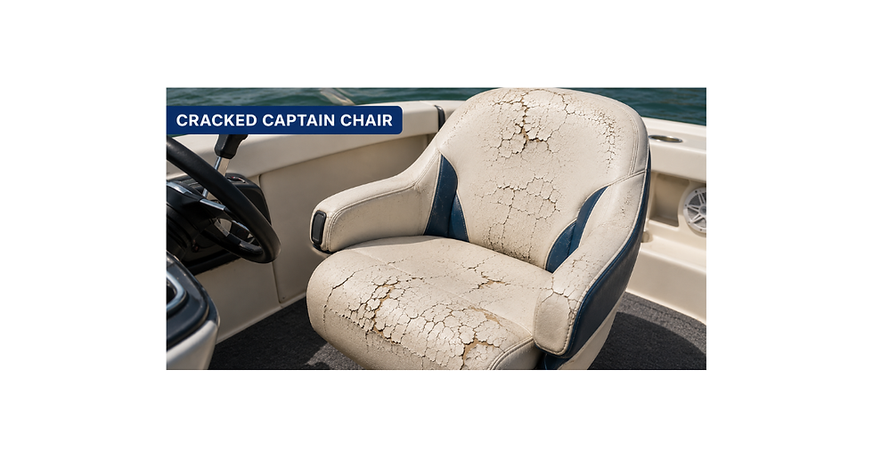Cracked beige captain chair on a boat, with blue trim and the text CRACKED CAPTAIN CHAIR, beside steering wheel and water background