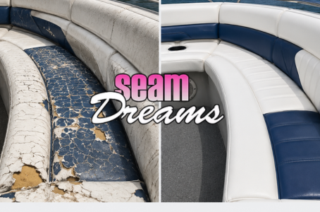 Before-and-after comparison of boat seat replacement showing severely cracked, faded, and damaged marine upholstery next to newly restored marine-grade vinyl seating, demonstrating the transformation and benefits of professional boat upholstery replacement.
