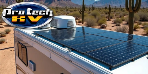 Professional RV technician installing a solar power system with rooftop panels, lithium batteries, and inverter equipment on a motorhome to support air conditioning and off-grid camping.