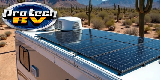 Professional RV technician installing a solar power system with rooftop panels, lithium batteries, and inverter equipment on a motorhome to support air conditioning and off-grid camping.