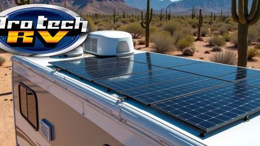 Professional RV technician installing a solar power system with rooftop panels, lithium batteries, and inverter equipment on a motorhome to support air conditioning and off-grid camping.