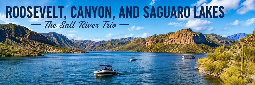Lake and canyon panorama with boats; text reads Roosevelt, Canyon, and Saguaro Lakes — The Salt River Trio.