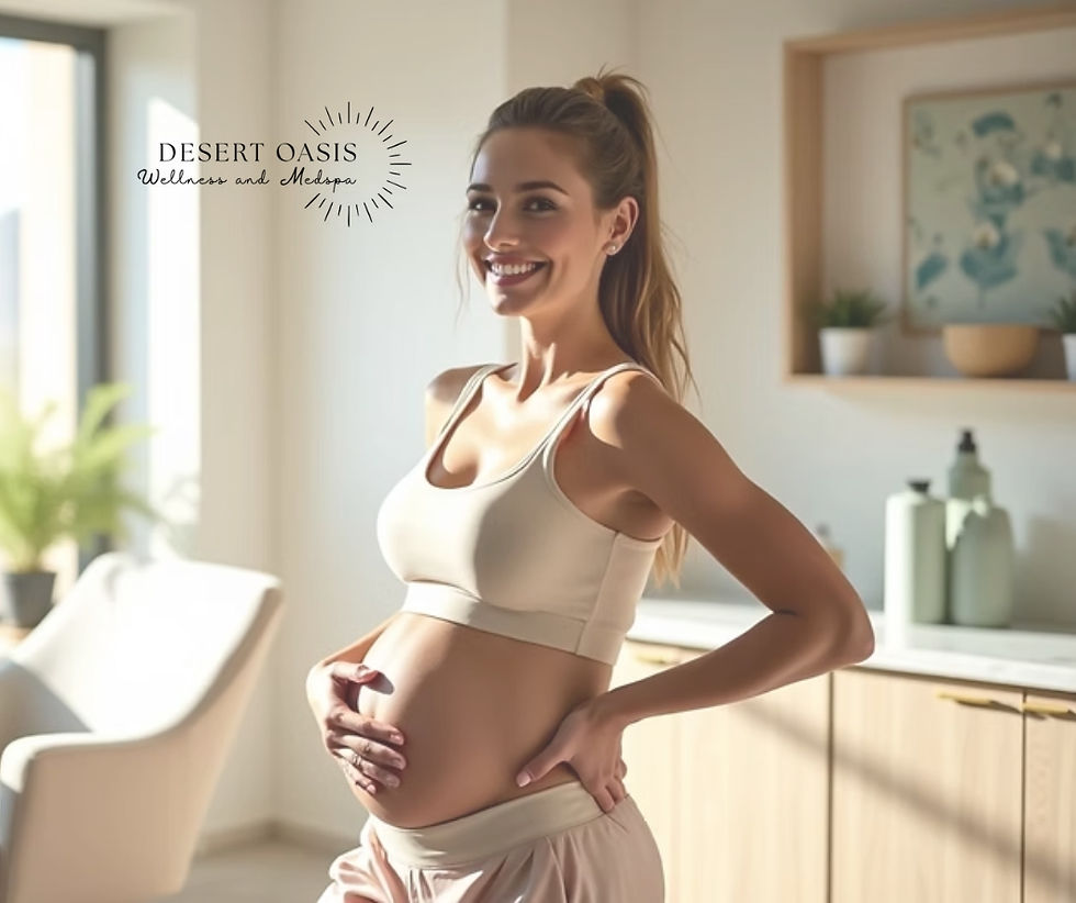Pregnant woman in beige activewear smiles, holding her belly in a bright kitchen. Text reads "Desert Oasis Wellness and Medspa."