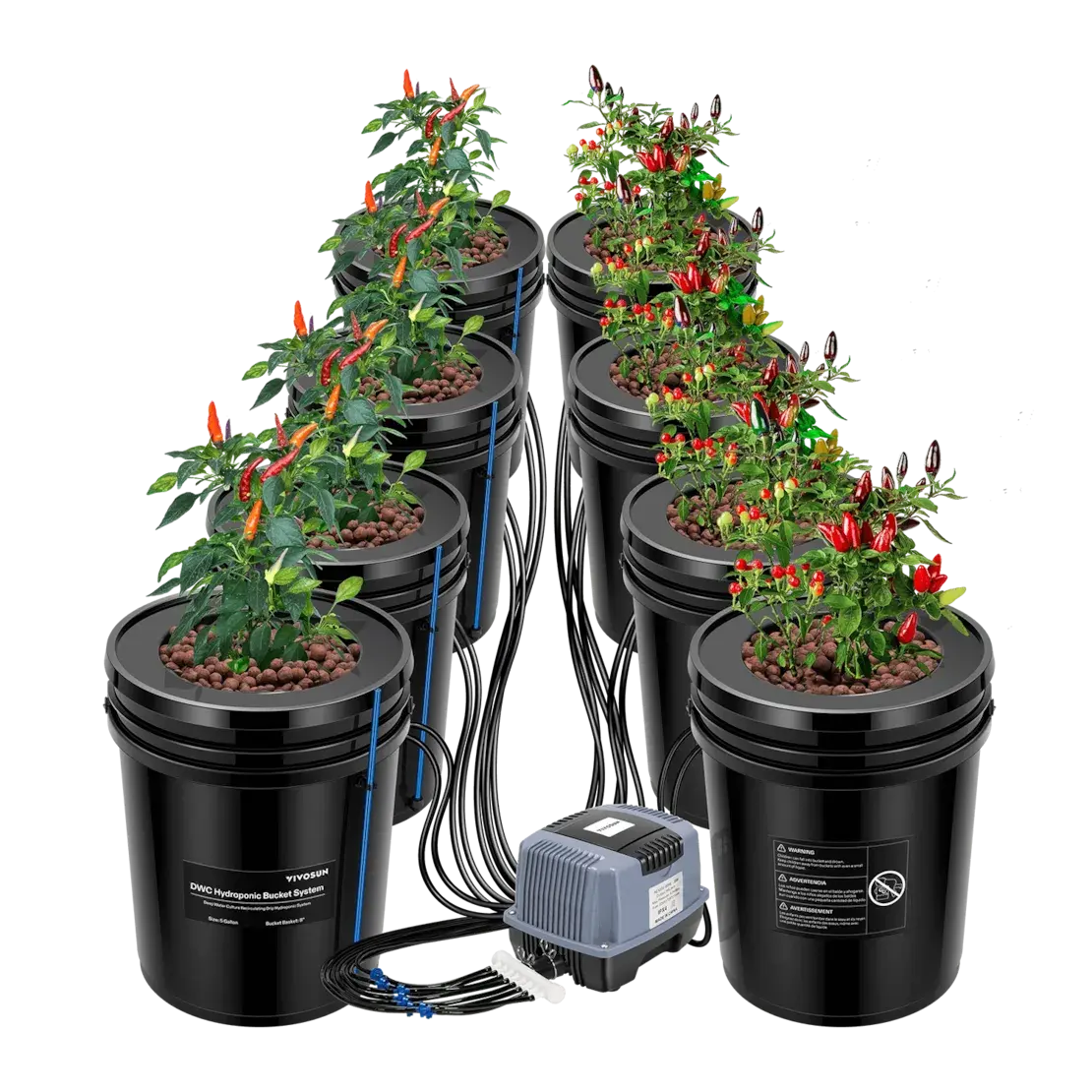 Vivosun 5 Gallon DWC Hydroponic System Kit (8 Bucket, Black)