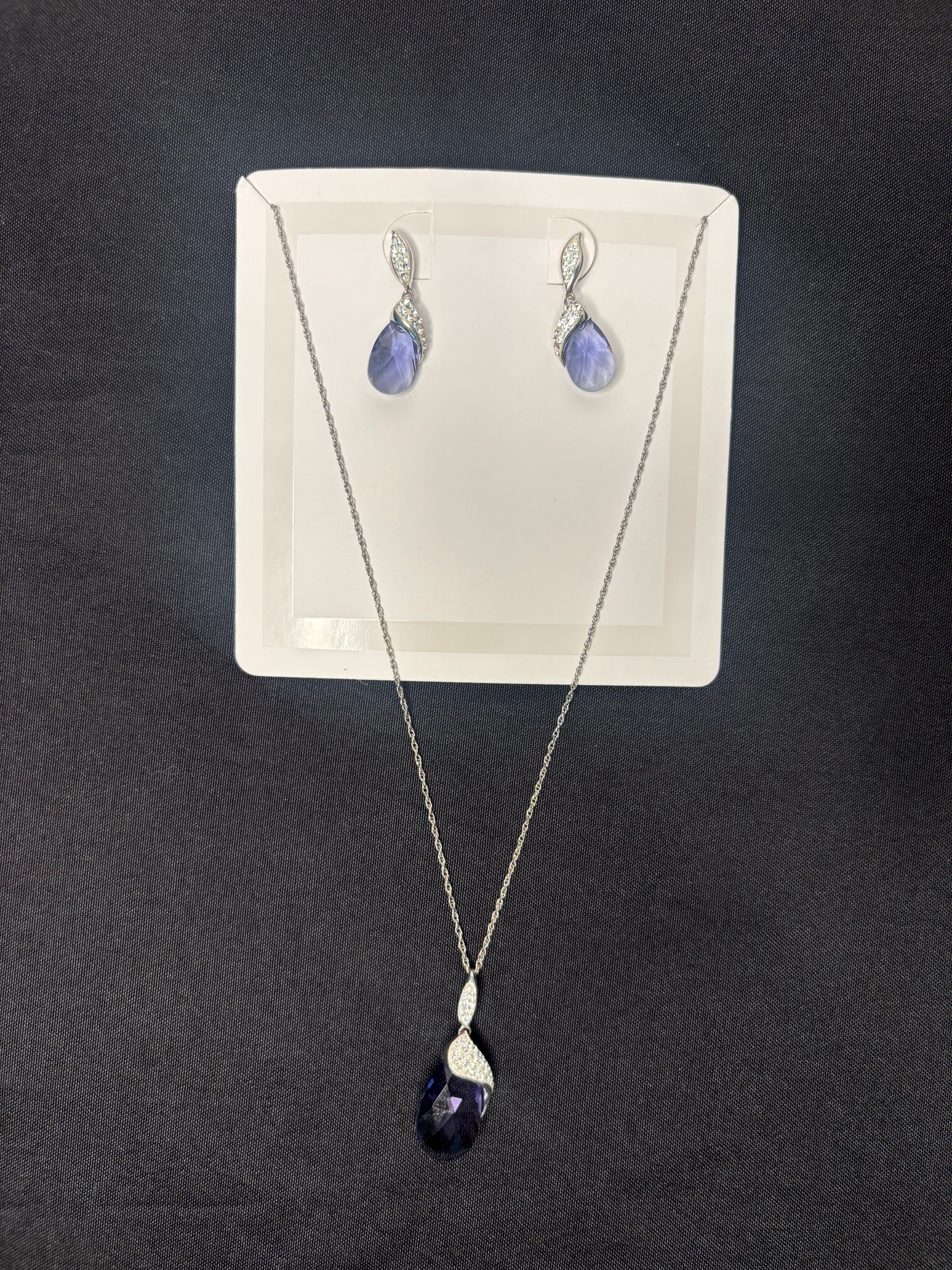 Elegant Teardrop Necklace & Earring Set – Purple Stone with Sparkling Rhinestone