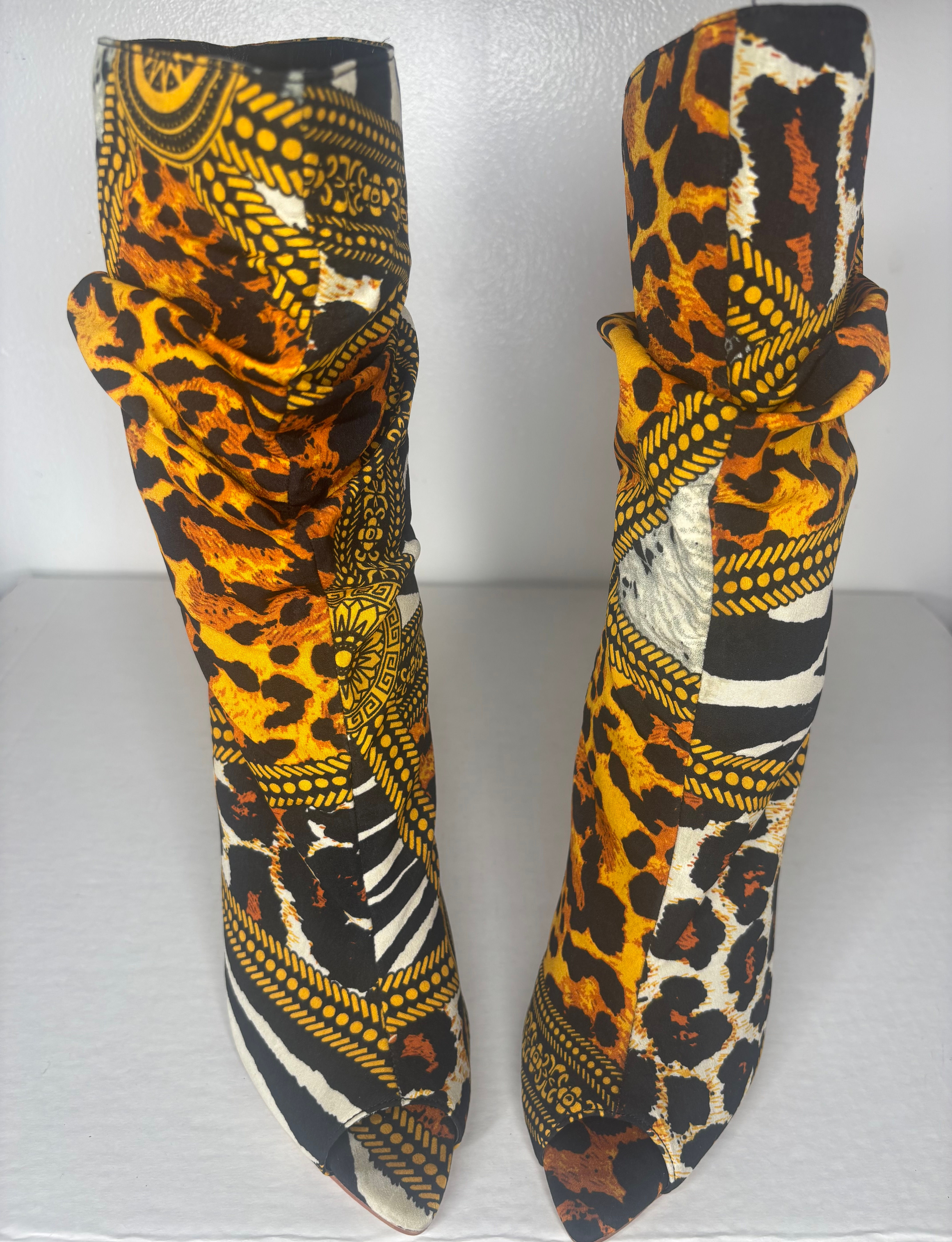 Liliana “Miss L” Animal Print Fabric Peep Toe Stiletto Boots.
