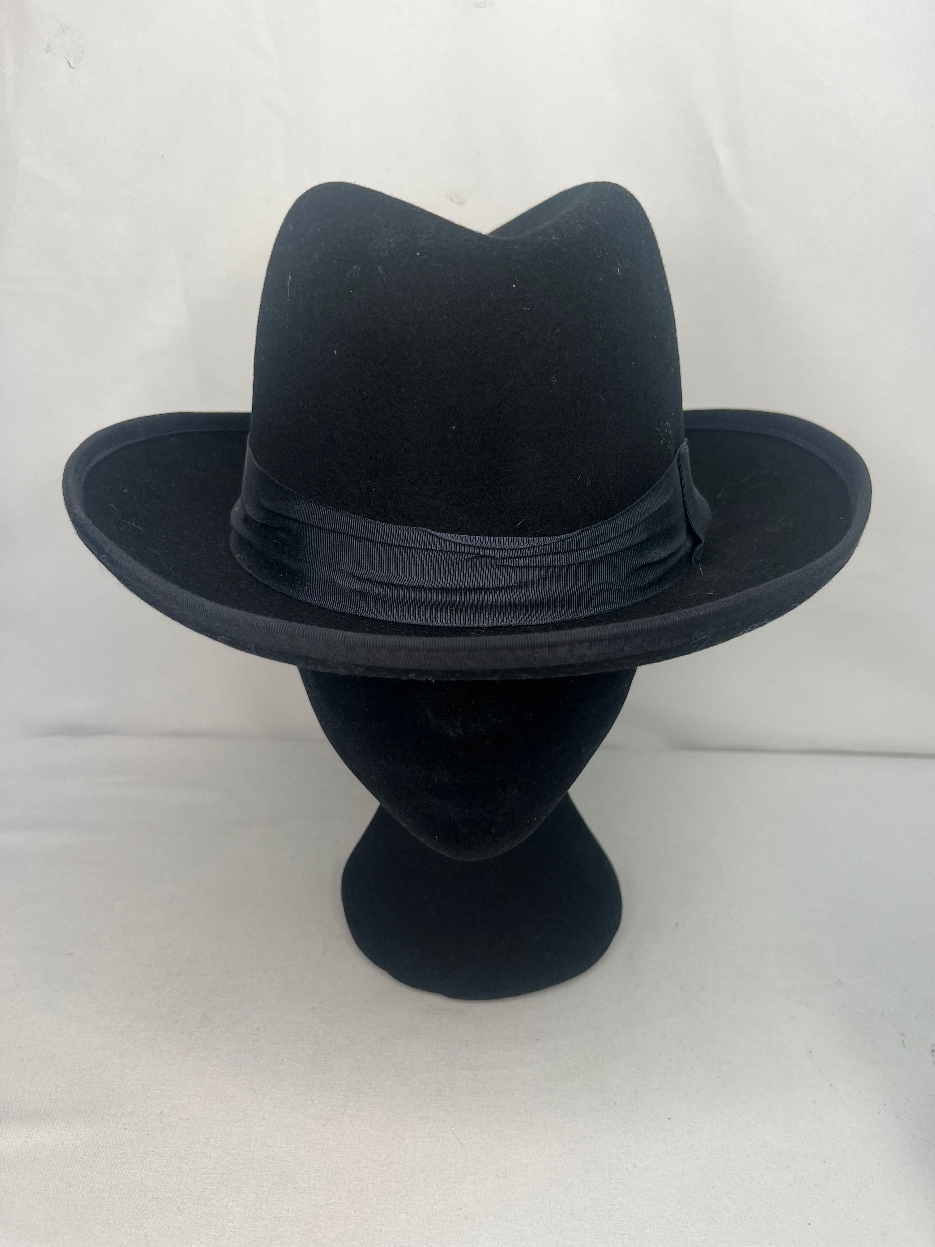 Men’s Vintage Godfather Hat-Black Wool Capas Design with Satin Blue Band