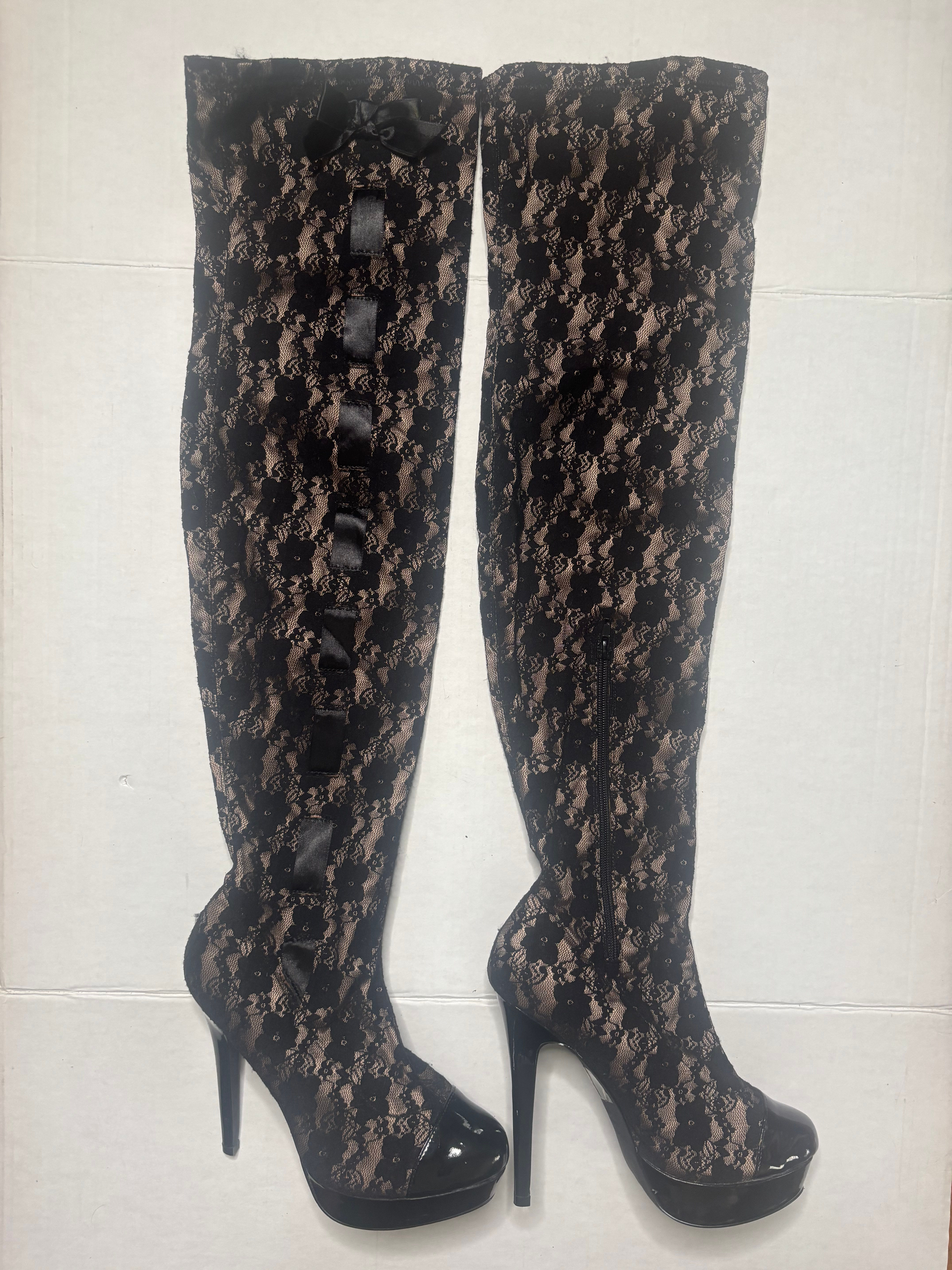 Colin Stuart Women’s Thigh High Stretch Ribbon Black Lace Boots