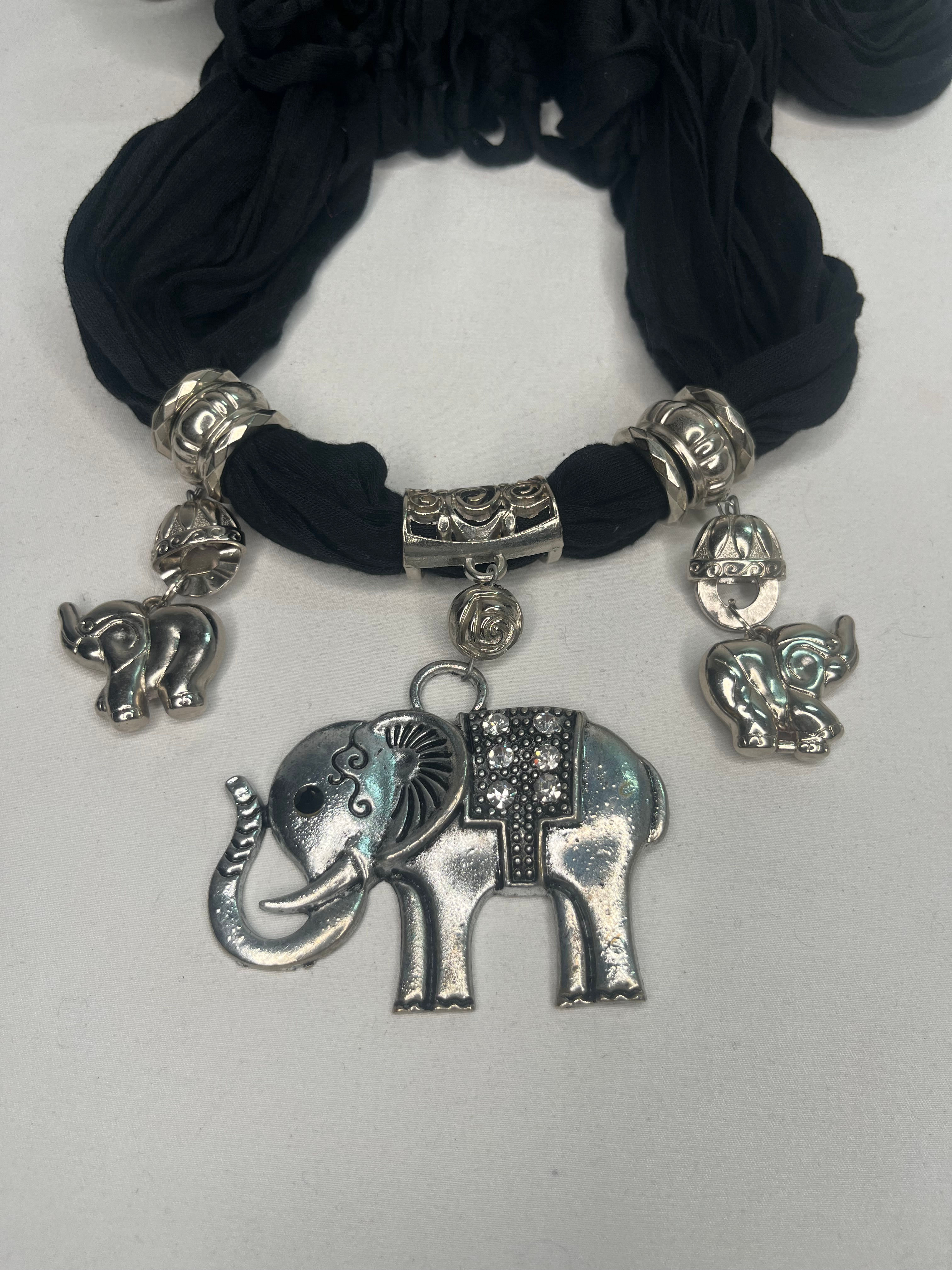 Black Scarf Antique Silver Crystal Elephants Pendant-Torn-End Style