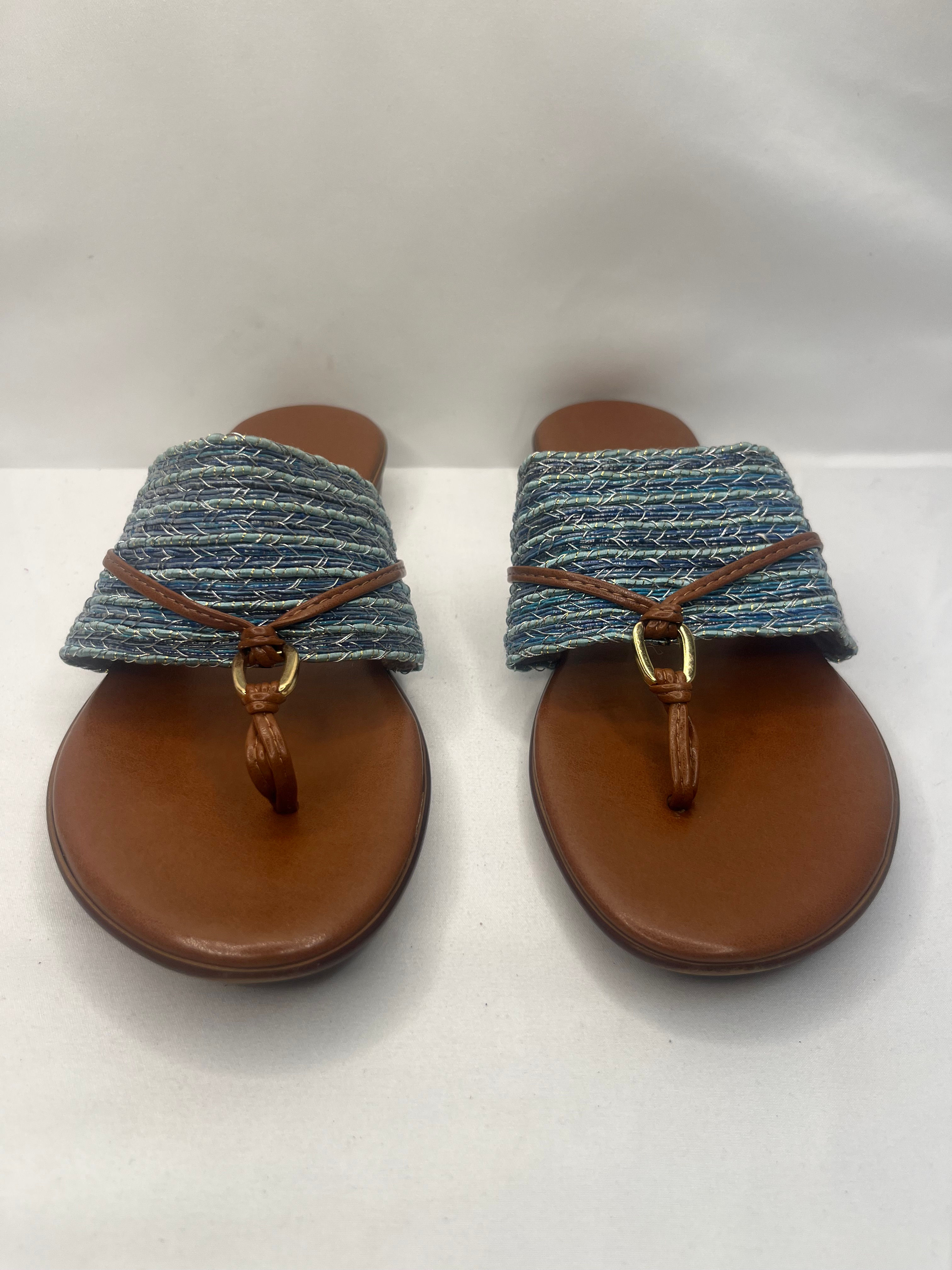 Women’s Italian shoemakers Thong Sandals-Brown Leather with Blue Accents