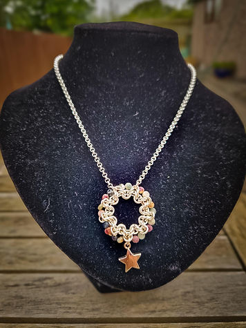Silver plated gemstone necklace with chainmaille