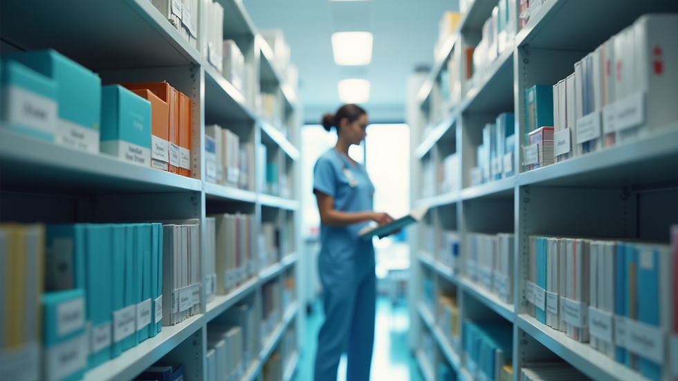 Eye-level view of a medical assistant organizing patient files in a clinic