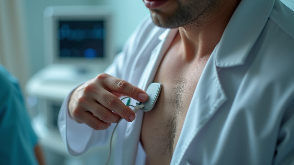 Close-up view of EKG technician placing electrodes on patient’s chest