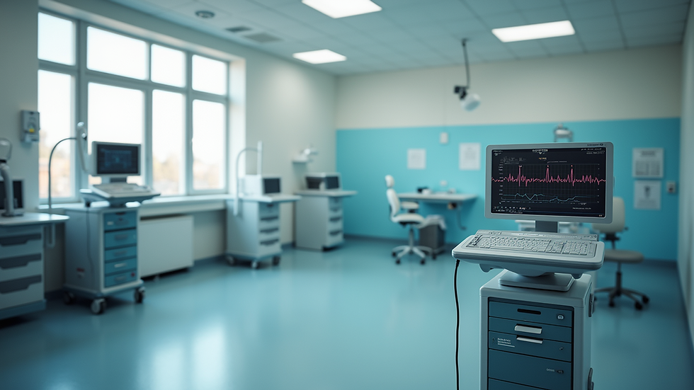 High angle view of a healthcare classroom with EKG training equipment