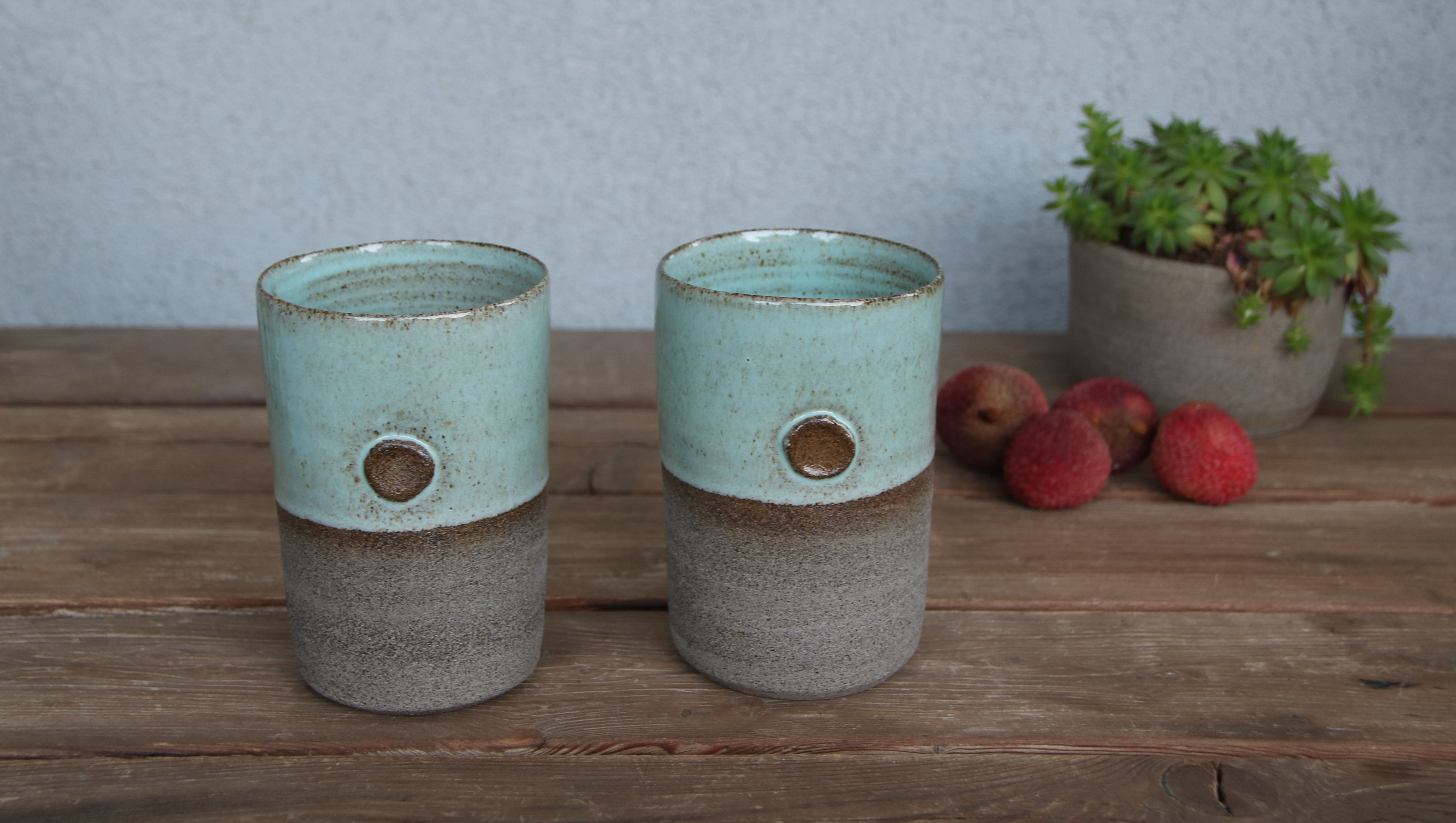 זוג ספלים ללא ידית בתוספת כפתור אפור - טורקיז