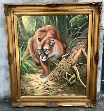 #49 Beautiful 27.5”x31.5” Framed Oil Painting Antique-Style Cat African