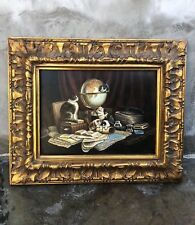 #46 Beautiful 20”x24” Framed Oil Painting Cat Play In Study Globe Antique Style
