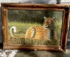 Beautiful 43.5”x31.5” Framed Oil Painting African Leopard Cat Antique Style Rare