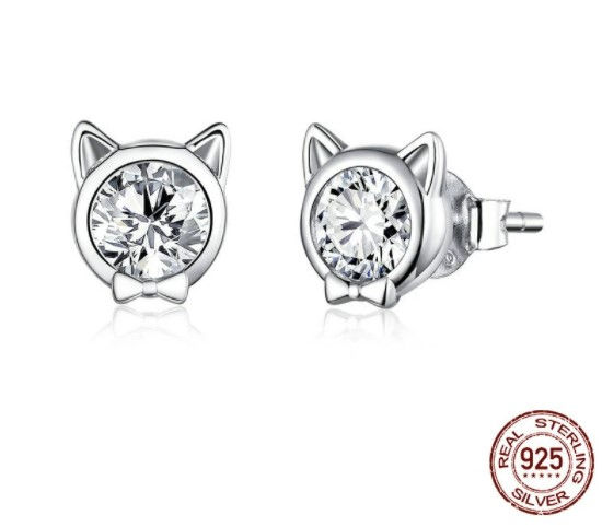 Thumbnail: 925 純銀貓耳環 925 Sterling Silver Cat Zircon Stud Earrings