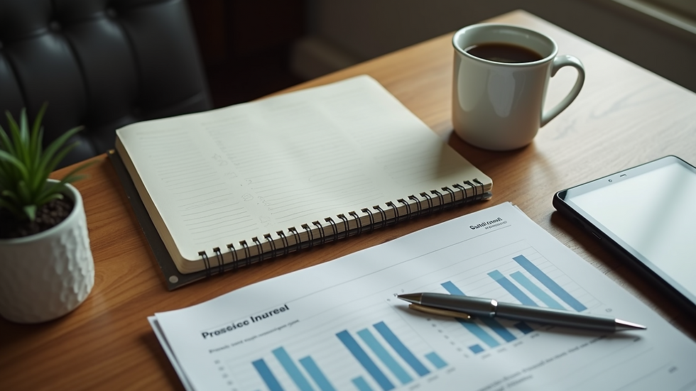 High angle view of a cozy office space with a notebook, coffee cup, and financial documents