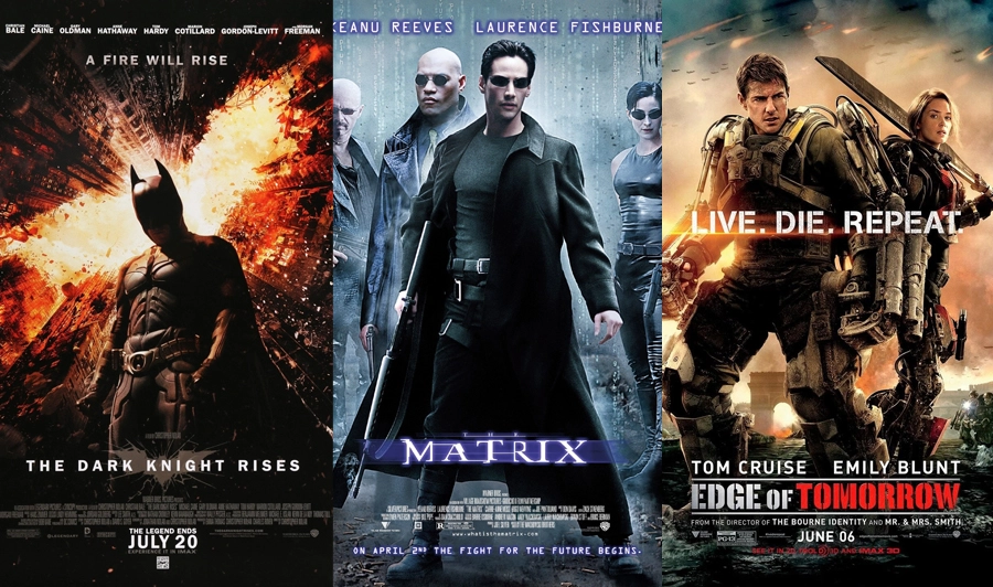 Soldan sağa sırası ile The Dark Knight Rises (2012), The Matrix (1999) ve Edge of Tomorrow (2014) filmlerine ait afişler.