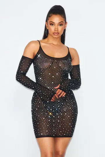 Hot & Delicious - Sheer Mesh Rhinestone Cold Shoulder Dress
