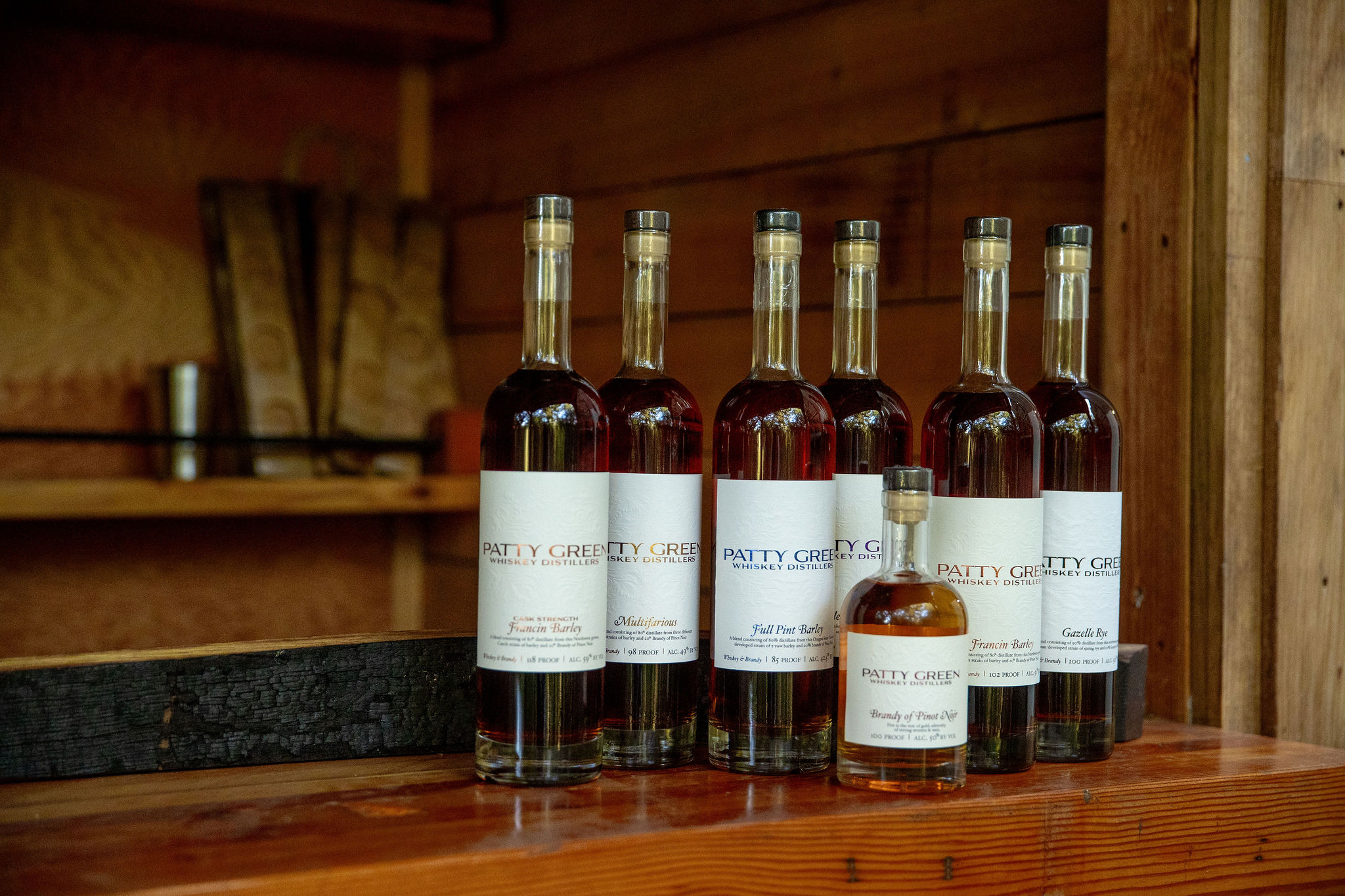 Patty Green whiskey bottles in the tasting hut