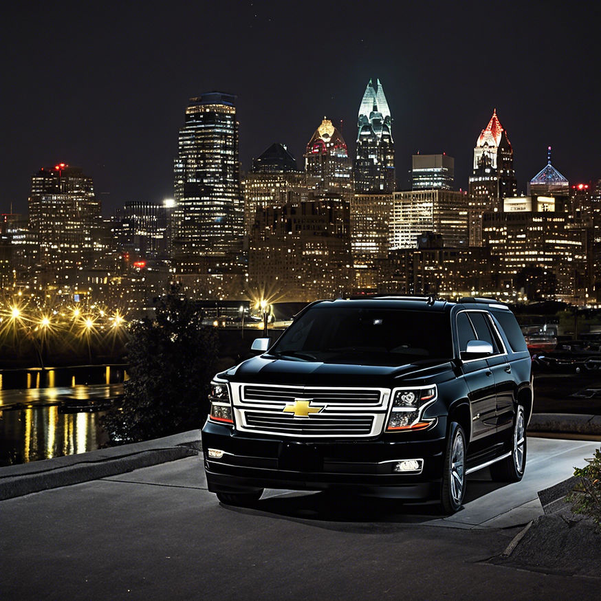 Security chauffeur service black chevy suburban philadlphia city skyline nighttime.jpg