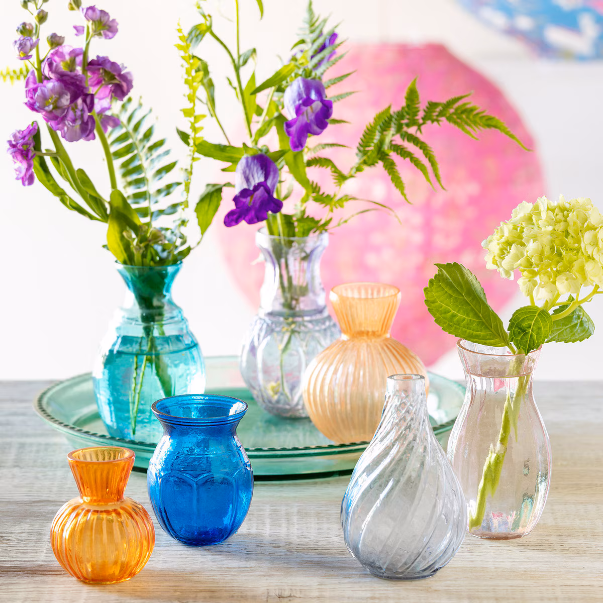 Arc-en-Ciel Mini Vase Collection, Large, Set of 7 Vases with Tray. Assorted Colors