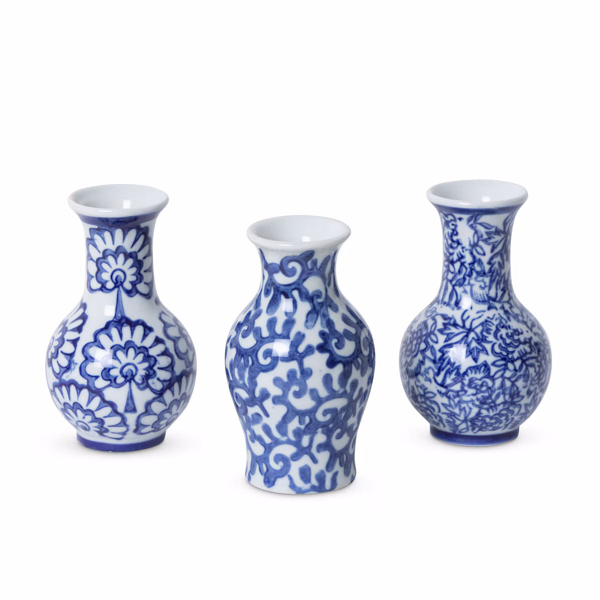 Porcelain Vine Petite Vase, 3 Assorted Styles. Set of 3. L2.56" x W2.56" x H4.53"