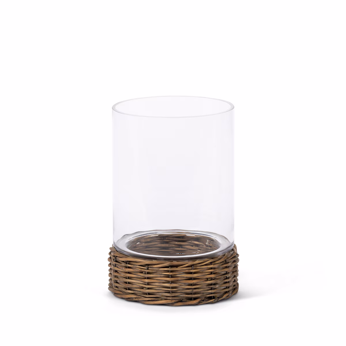 Glass Hurricane with Rattan Base. L6.75" x W6.75" x H9.75"