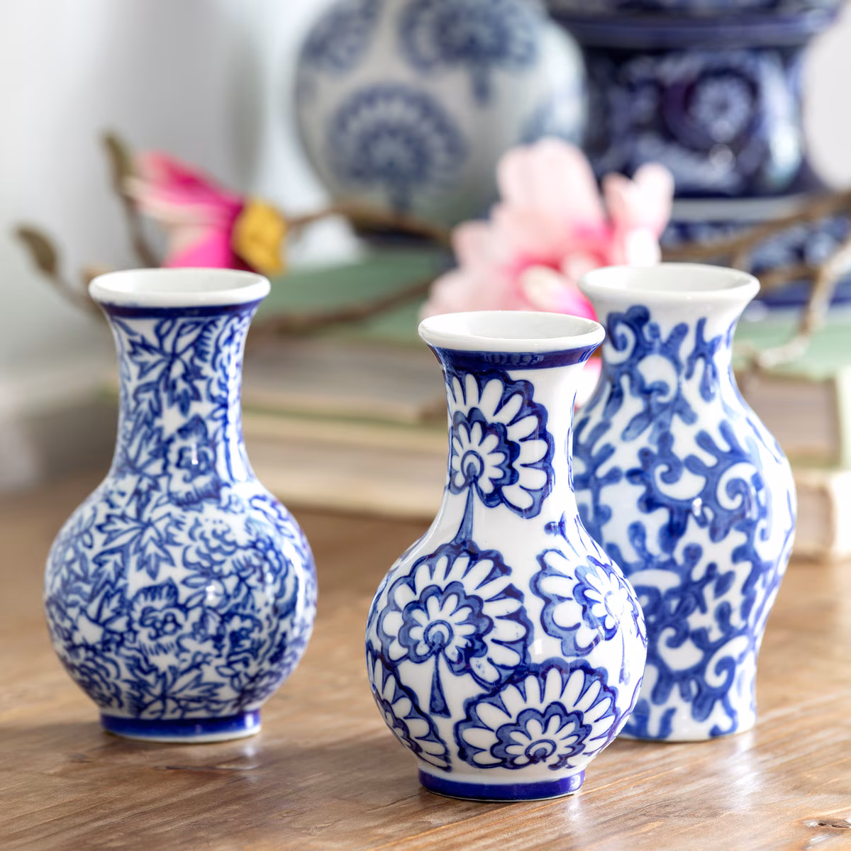 Porcelain Vine Petite Vase, 3 Assorted Styles. Set of 3. L2.56" x W2.56" x H4.53"