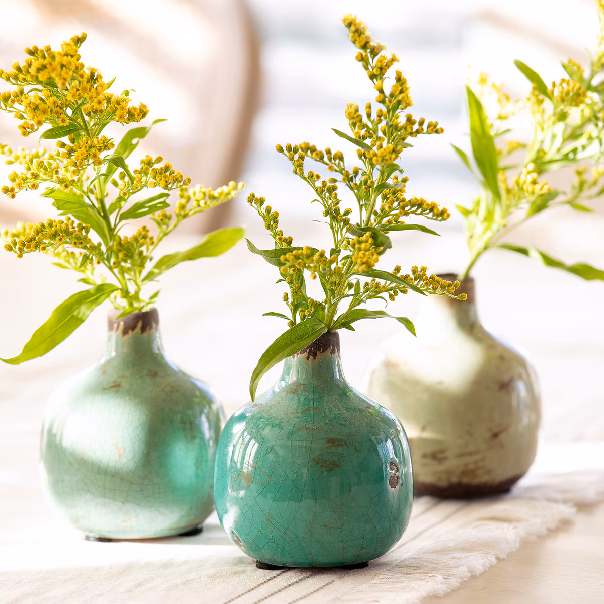 Glazed Stoneware Bud Vases, Blue-Green, 3 Assorted Colors. Set of 3